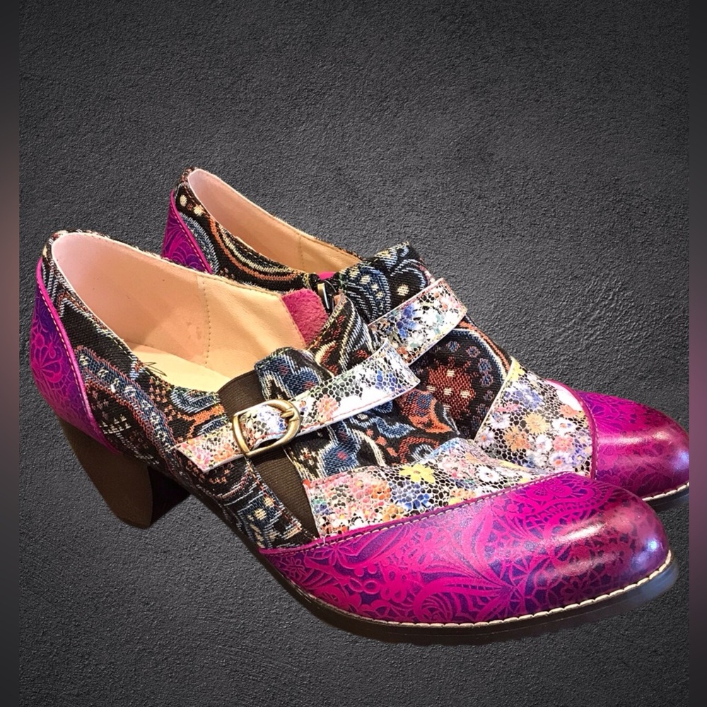 Socofy ankle boot leather‎ patchwork tapestry size 41 us 10-10.5 bohemian artsy